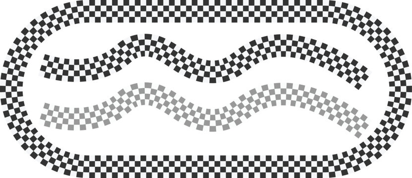 Checkered racing track vector set, black and white racing flags pattern, oval and wavy finish line borders for sports competition branding