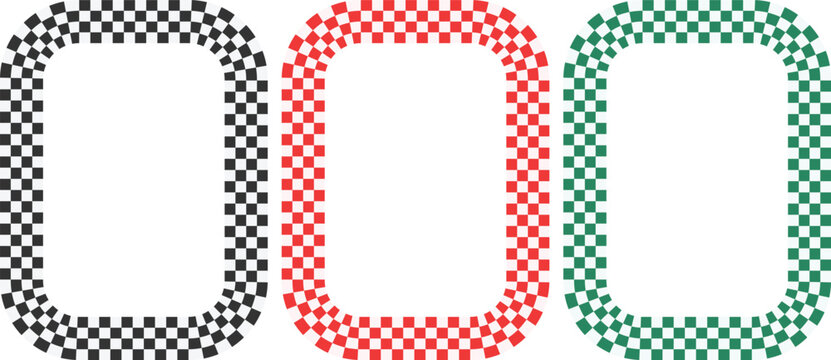 Racing checkered flag border frames, set of 3 vector rectangle borders in black red and green, checkered pattern frames for sports and automotive design