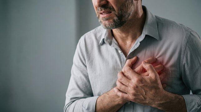 Chest Pain Emergency: A middle-aged man clutches his chest in distress, indicating a potential heart attack or severe chest discomfort, conveying urgency and the critical nature of medical attention.