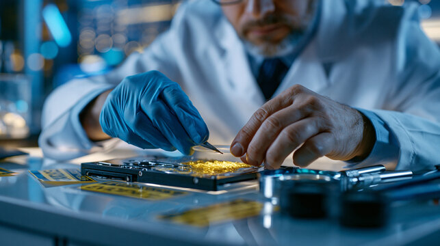 Cyber forensics specialist in sterile white lab coat carefully extracting encrypted data from seized storage hardware on a clean examination table, evidence tags attached, magnification tools nearby