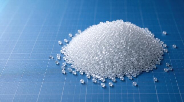 Small transparent plastic pellets piled on a blue grid surface, representing raw material for industry.