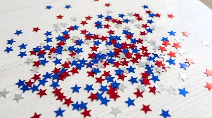 Fototapeta premium Red and blue star shaped confetti scattered on a surface