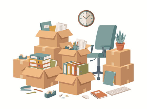 A cluttered office with boxes, books, and office supplies scattered around an empty chair.