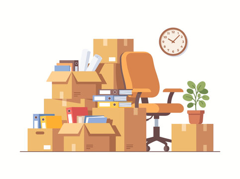 An office chair sits amidst a cluttered pile of cardboard boxes and office supplies in a messy workspace.