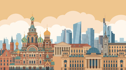 Obraz premium A panoramic illustration of a cityscape with historic buildings and modern skyscrapers under a cloudy sky