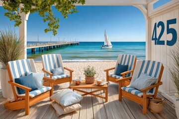 Obraz premium Relaxing beach lounge with striped chairs, wooden deck, sailboat and pier on a sunny coast