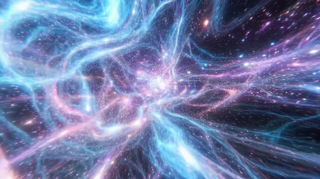 Abstract cosmic swirl with colorful luminous streaks in dark space background, concept of universal energy flow