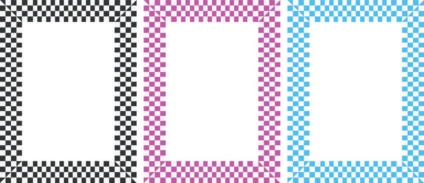 Checkered border frame set, retro racing flag pattern borders in black pink and blue, 3 decorative square vector frames for photo or text