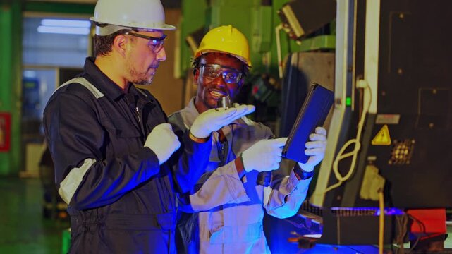 Factory Engineer Technician in Hard Hat Safety Glasses Using Tablet for Manufacturing Inspection, Teamwork Near Machinery During Industrial Safety Check with Blue Light on Production Line