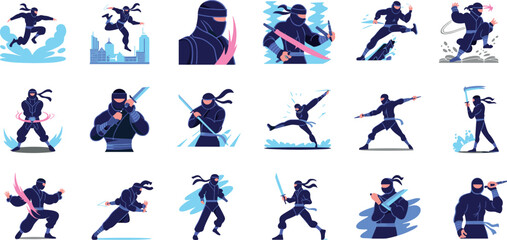 Set of flat vector ninja character illustrations featuring masked assassins in action poses with swords, katanas and weapons © MdAbdur