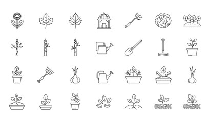 Fototapeta premium Gardening outline web icon set with plants and tools vector illustration