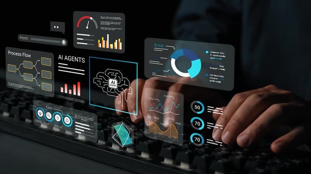Hands typing on keyboard with futuristic AI data visualizations and analytics charts in a digital workspace showcasing technology and innovation Gluon.