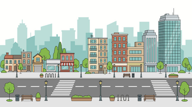 Cityscape illustration of buildings, skyscrapers, and streets with trees and crosswalks on a sunny day with people and vehicles.