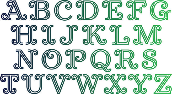 Vintage circus alphabet vector set, retro decorative typography with inline stripes, green and blue gradient ornamental letters for poster design