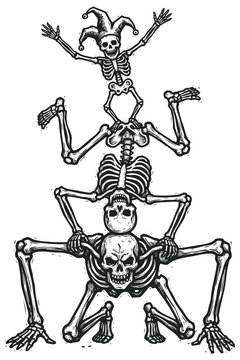 Vintage vector illustration of three funny skeletons forming a tall acrobatic pyramid. The top skeleton is wearing a classic jester hat.