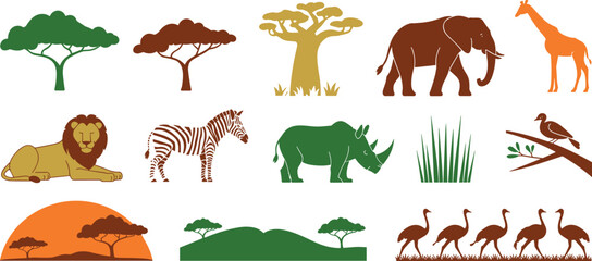 African Safari Wildlife Silhouette Collection Featuring Elephant, Lion, Zebra, Giraffe, Rhino, and Acacia Trees for Nature and Adventure Vector Design Projects © MdAbdur
