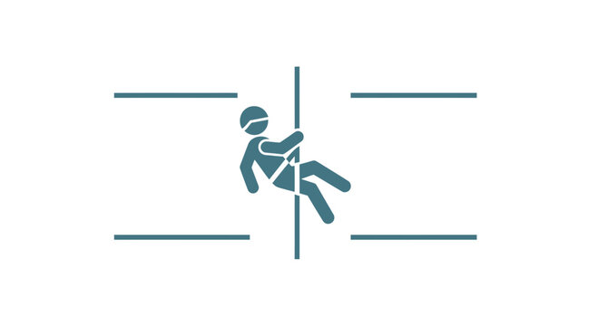 Man rappelling down a vertical wall with harness and rope, extreme sports icon