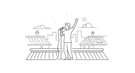 Naklejka premium Man singing on rooftop with microphone, cityscape background, urban performance concept