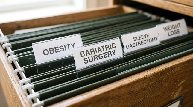 Bariatric surgery obesity weight loss sleeve gastrectomy medical records in filing cabinet for patient healthcare