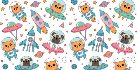 Seamless Space Adventure Pattern Featuring Cute Astronaut Cats and Dogs in Rockets and UFOs for Children Nursery Decor and Textile Design © MdAbdur