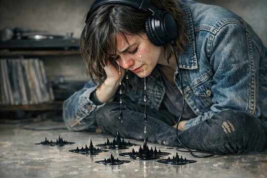 A person taking time to unwind and enjoy music on the floor, great for depicting moments of relaxation and self-care