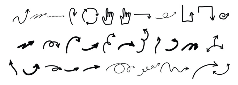 Hand Drawn Doodle Simple Arrows Set. Minimalist Journal Pointers and Marketing Icons. Design Elements Collections.