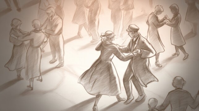 Sepia-toned illustration depicts couples in vintage clothing dancing at a social gathering