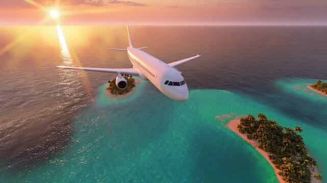 Airplane over tropical islands at sunset. Plane flying above tropical sea at sunset, commercial aircraft over ocean with orange sky, scenic travel route above paradise coastline, concept of tourism