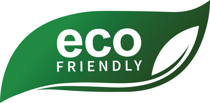 Eco friendly label design in the shape of a parallelogram with a leaf icon, eco friendly label design vector illustration