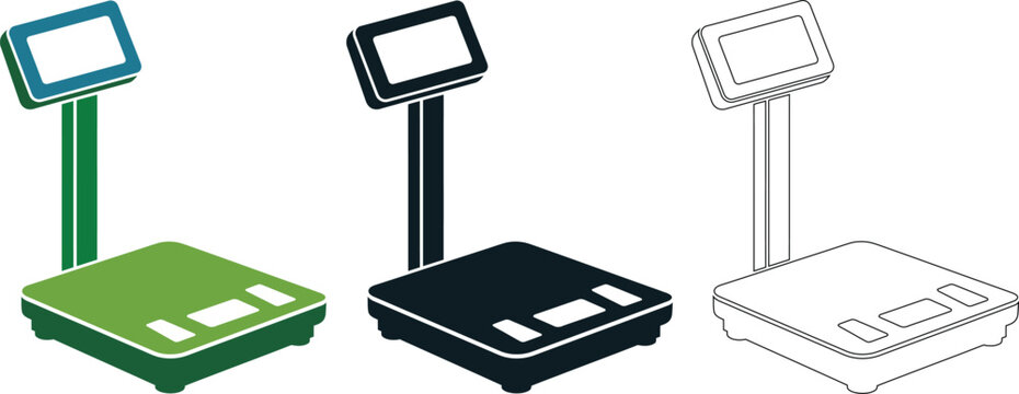 Industrial digital platform scale vector set, electronic weighing machine icons for warehouse and logistics, heavy duty floor scale illustrations