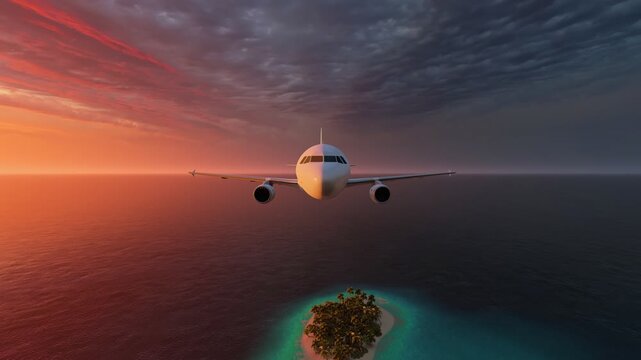 Airplane over tropical islands at sunset. Plane flying above tropical sea at sunset, commercial aircraft over ocean with orange sky, scenic travel route above paradise coastline, concept of tourism