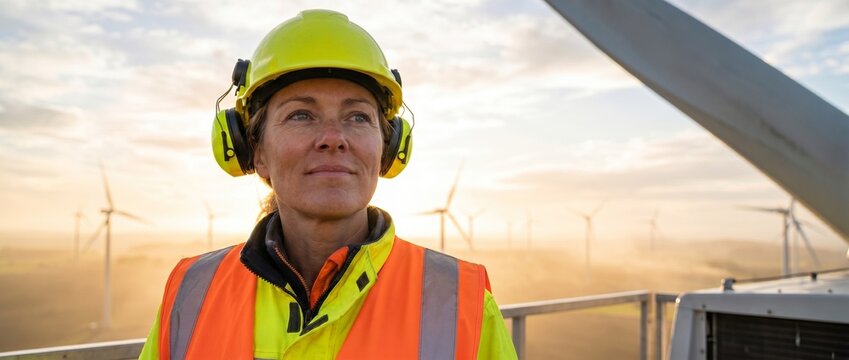 Portrait of a proud female wind energy technician in safety gear and ear defenders. Authentic hard-working woman with a dirty face at a wind farm during sunset. Renewable energy concept with copy spac