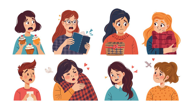 Diverse Emotional Expressions: A collection of diverse characters displaying a range of human emotions from joy and surprise to sadness and anxiety, each depicted with unique expressions and gestures.