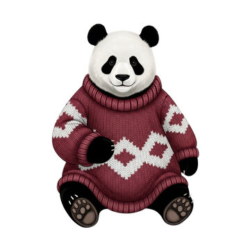 A cute panda wearing a cozy red knitted sweater with white geometric patterns against a black background