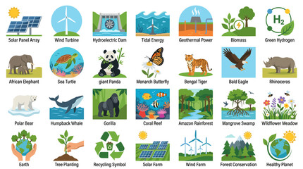 Naklejka premium Diverse Collection of Environmental Icons and Wildlife Illustrations Promoting Sustainability and Nature Conservation