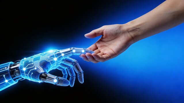 A human hand reaches out to touch a glowing robotic hand in a dark room with blue light.