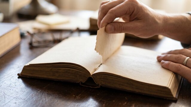 Reading book open old paper white text man hand abstract background 