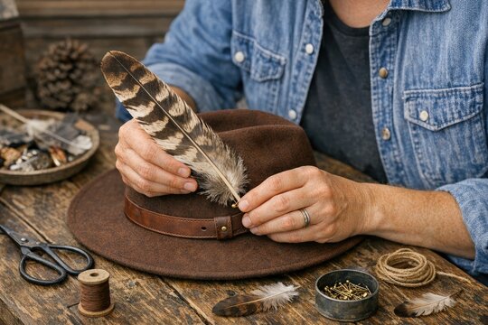 A person creating a hat with a decorative feather, suitable for costume or decoration