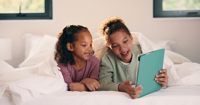 Tablet, children and bed with selfie for humor, photography or funny online memory in home. Happy, sister and siblings with peace sign and tongue out on digital app for weekend games or holiday