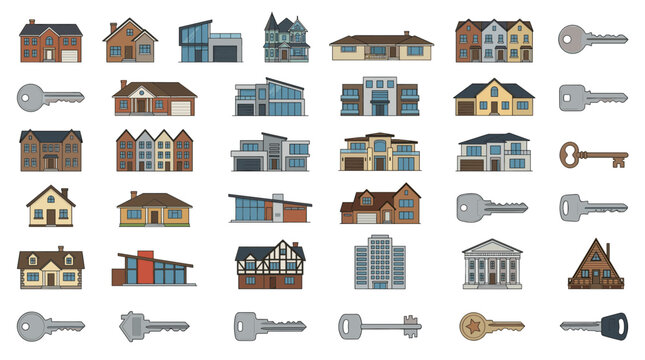 Collection of diverse house types and keys symbolizing real estate ownership property and security in a graphic illustration