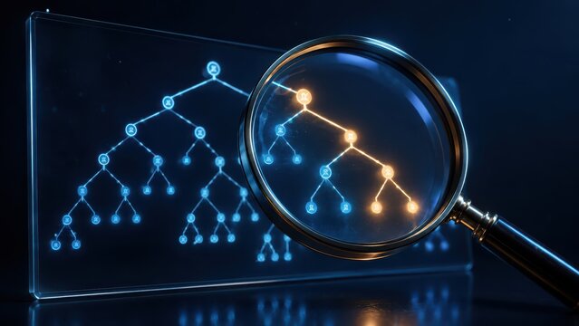 A magnifying glass highlights a section of a glowing digital flowchart or decision tree on a transparent screen, symbolizing analysis or data examination.