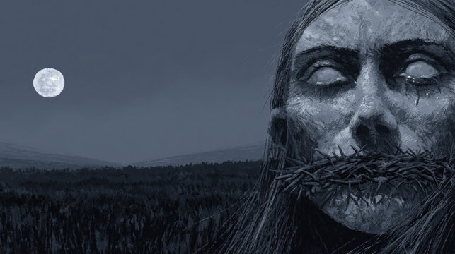 Bound banshee haunts moonlit field in desolate blue-grey horror portrait