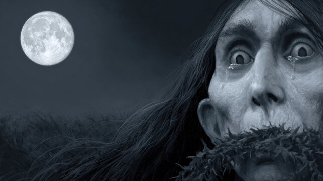Wild-eyed banshee bound by thorns beneath a glowing full moon in nocturnal horror