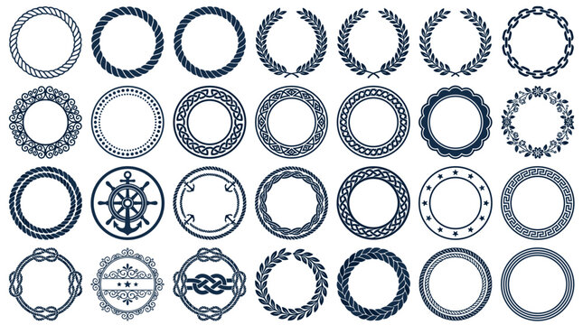 Collection of decorative circular frames and borders with nautical maritime and floral motifs for design elements and graphic resources