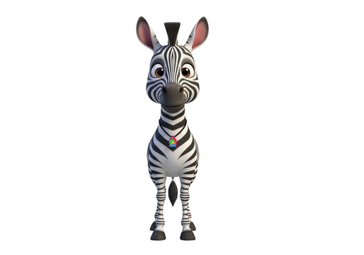 Cute cartoon zebra standing and looking forward isolated on transparent background