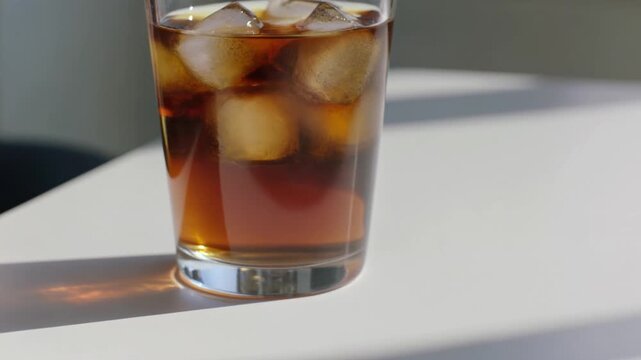 人物の手がアイスコーヒーのグラスを白いテーブルにそっと置く、自然体のライフスタイルシーン。
柔らかな夏の日差しと繊細な影が、落ち着きのあるモダンな空間を演出。
浅い被写界深度とリアルな肌質感が、美容広告のような洗練された雰囲気を生み出す。