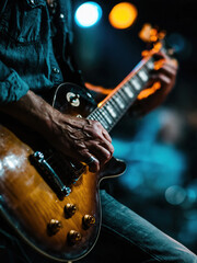 Fototapeta premium Close-Up of Man Playing Electric Guitar in Cozy Warm Interior. AI generative.