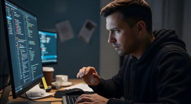 Male software developer in dark hoodie coding on dual monitors late at night with lines of code on screen, concept of programming cybersecurity and focused tech work