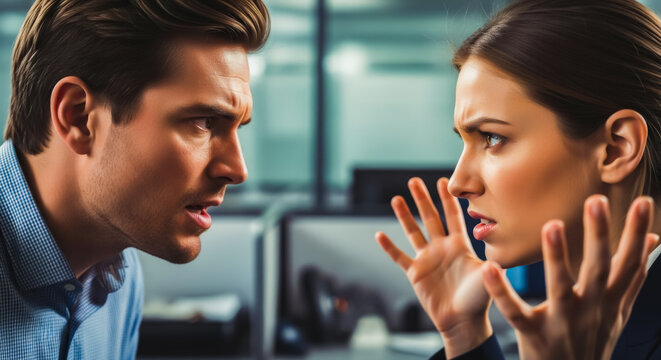 close-up of a man and a woman in the middle of a heated argument in an office setting. A tense emotional image representing workplace conflict, anger, frustration, and a breakdown in communication.