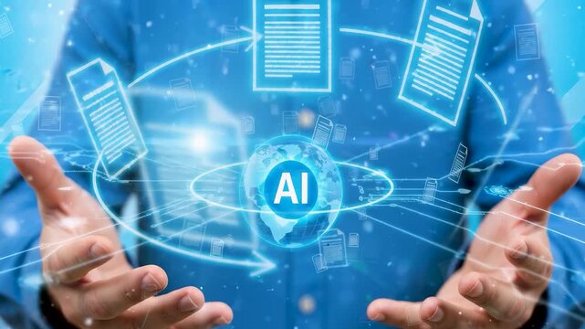 Man hand hold digital hologram AI document generation data automation technology, artificial intelligence information management system network connection globe file text template concept